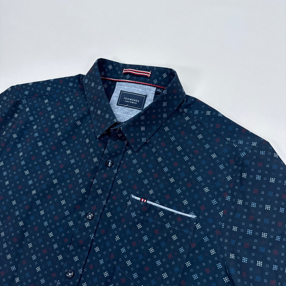 7Diamonds Mens Shirt Size M Navy Blue Castle Walk 4 Way Stretch Geometric Casual